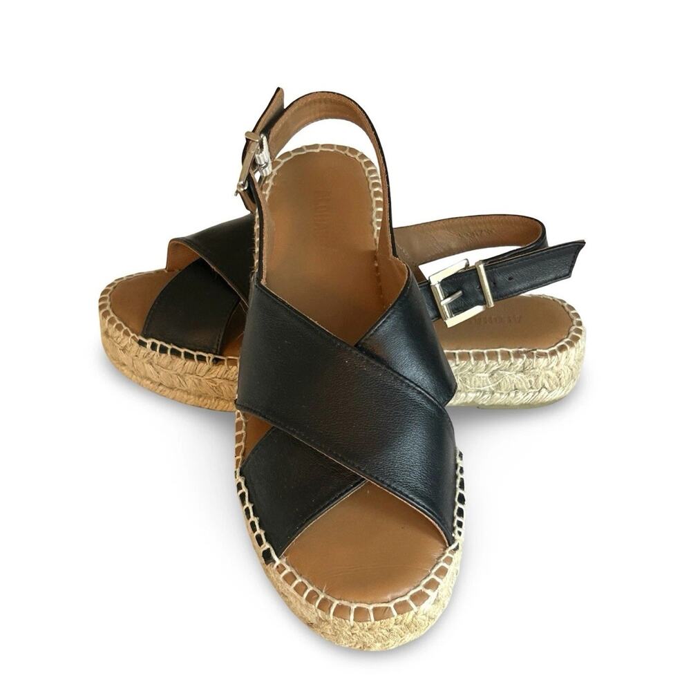 Alohas Espadrille Crossed Platform Sandals Size 38 US 7.5 Black Leather Strappy